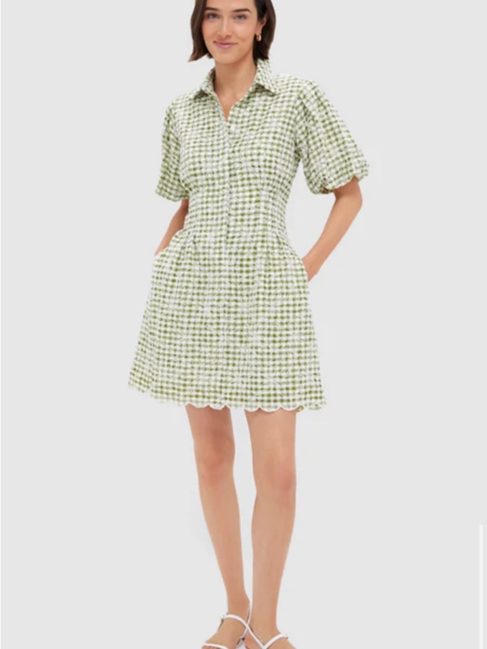 Tuckernuck Embroidered Floral Green Gingham Mini Delaney Dress
